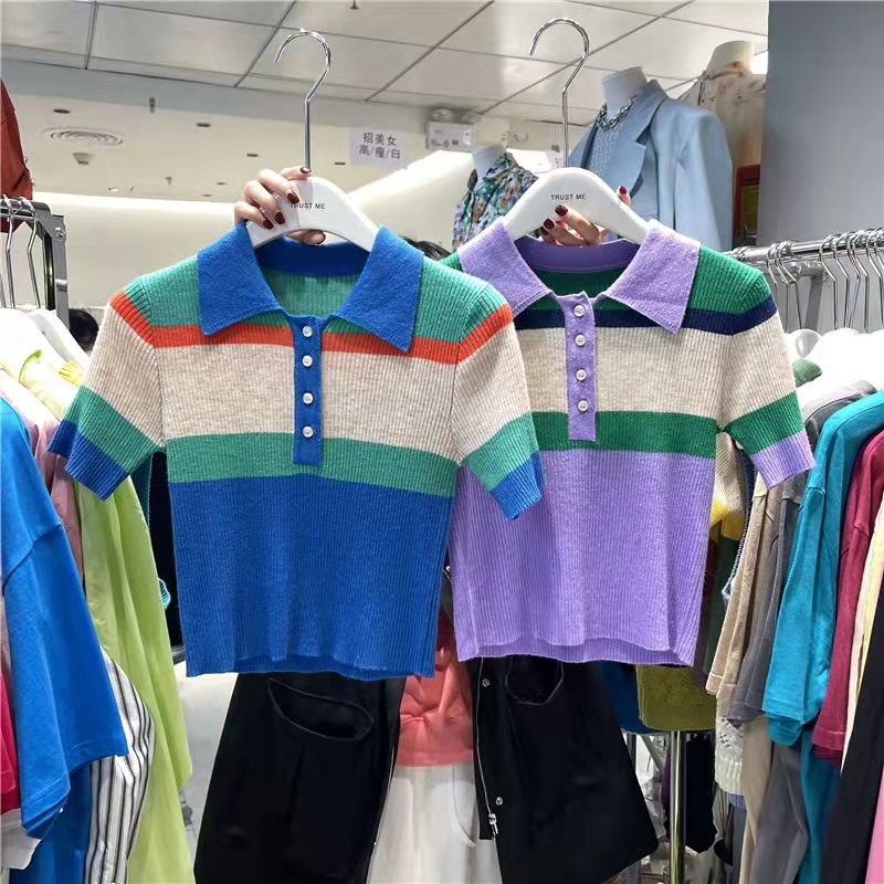 2024 new summer contrast color T-shirt, versatile outer wear, ice silk sweater, trendy temperament top, women's rainbow color