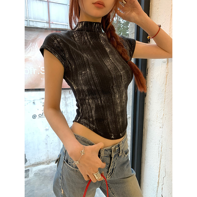 Real shot of short tops for women 2024 summer new style half turtleneck sleeveless hot girl versatile short sleeves
