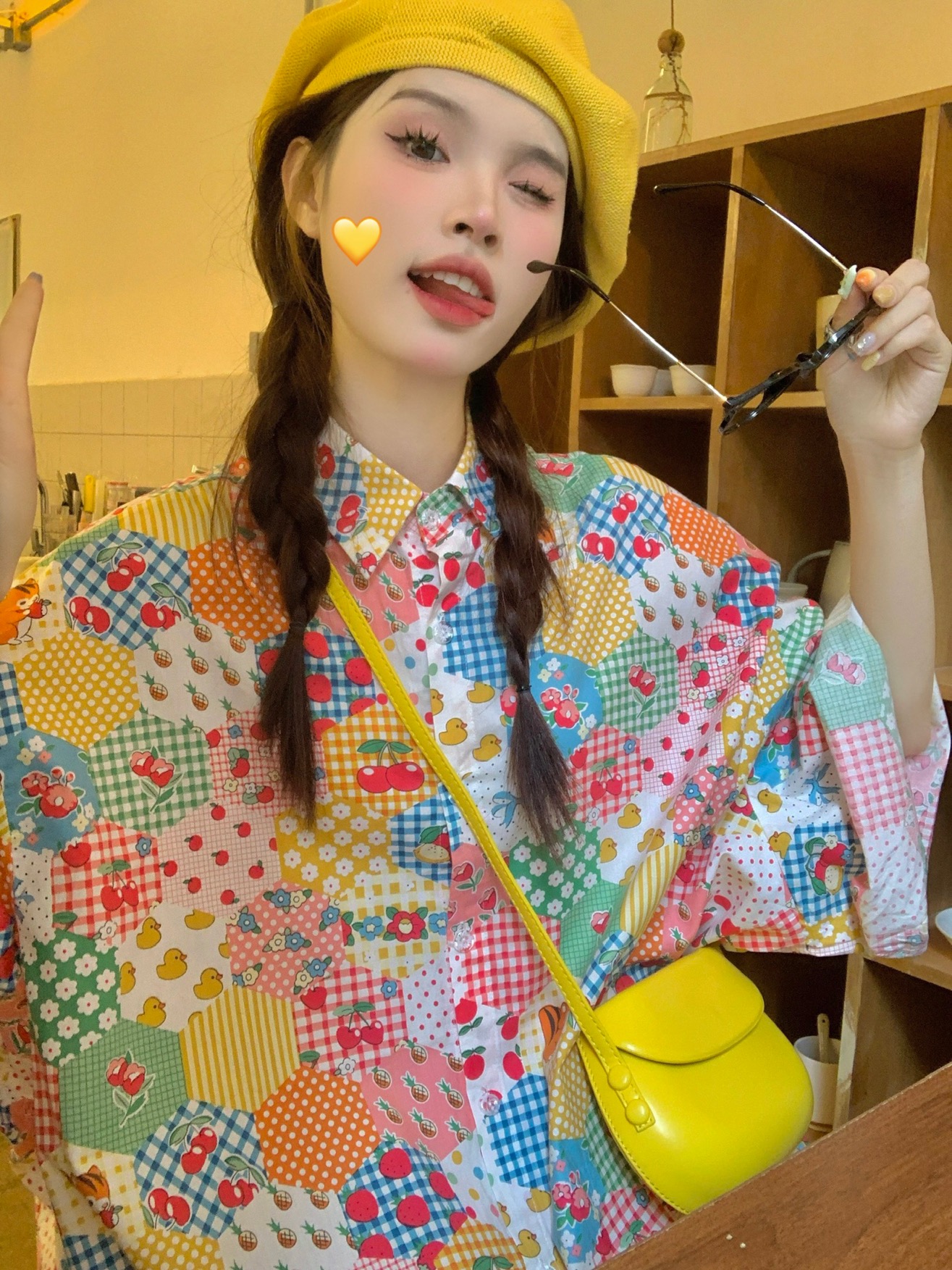 實拍  秋夏農莊！韓系甜美減齡花色印花寬鬆大襯衫