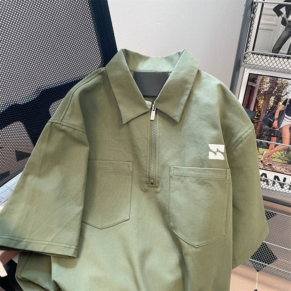 刺繡原版布料質量240斤大碼復古半拉鏈正肩polo衫