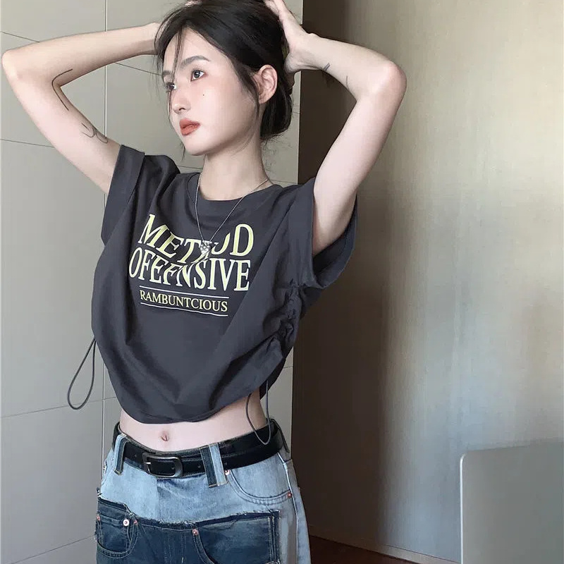 美式復古短袖女夏季收腰短款露臍下擺抽繩上衣