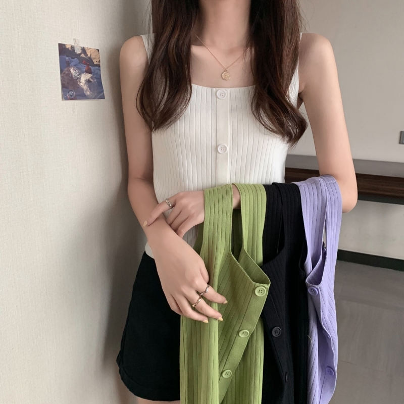 實拍方領針織小吊帶背心女夏新款外穿內搭短款冰絲打底衫上衣