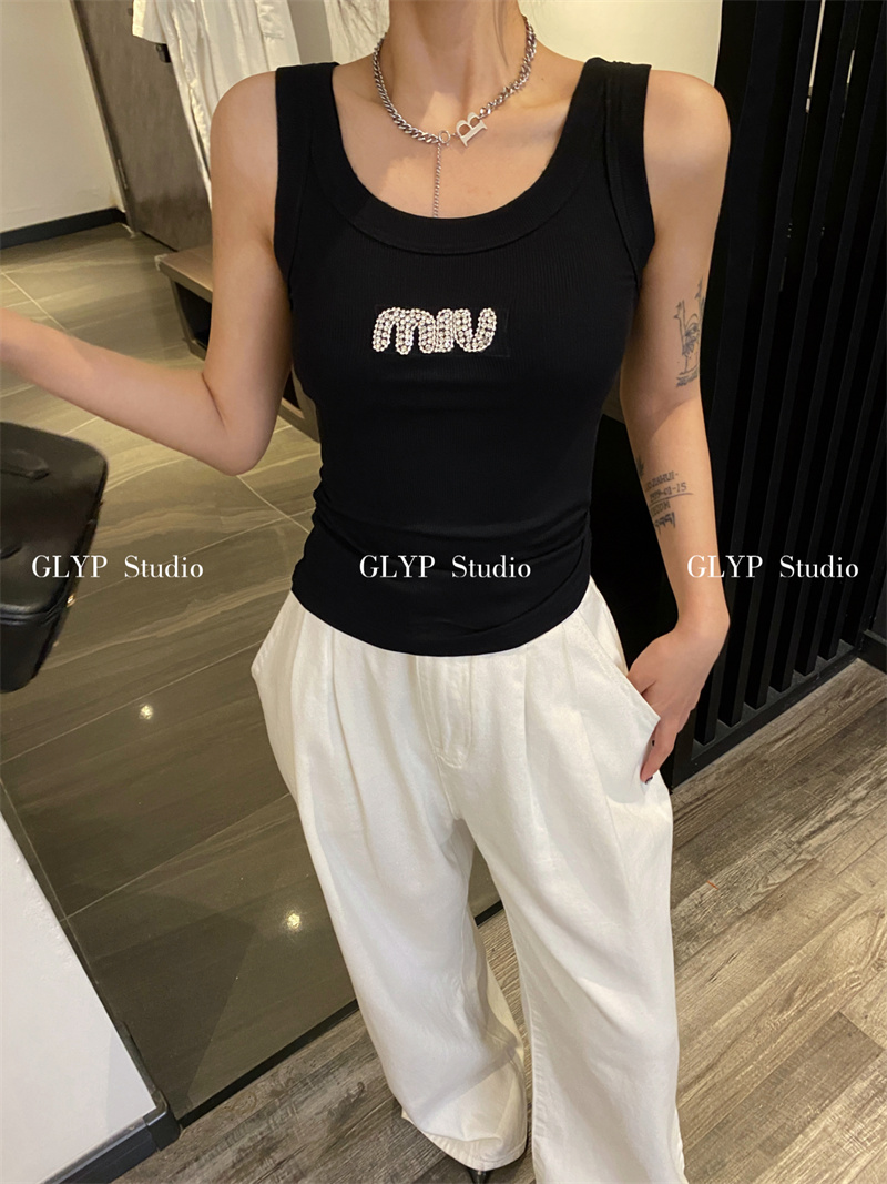 實拍2024春夏款希音亞馬遜韓國東大門GLYP手工釘鑽水晶字母T恤女