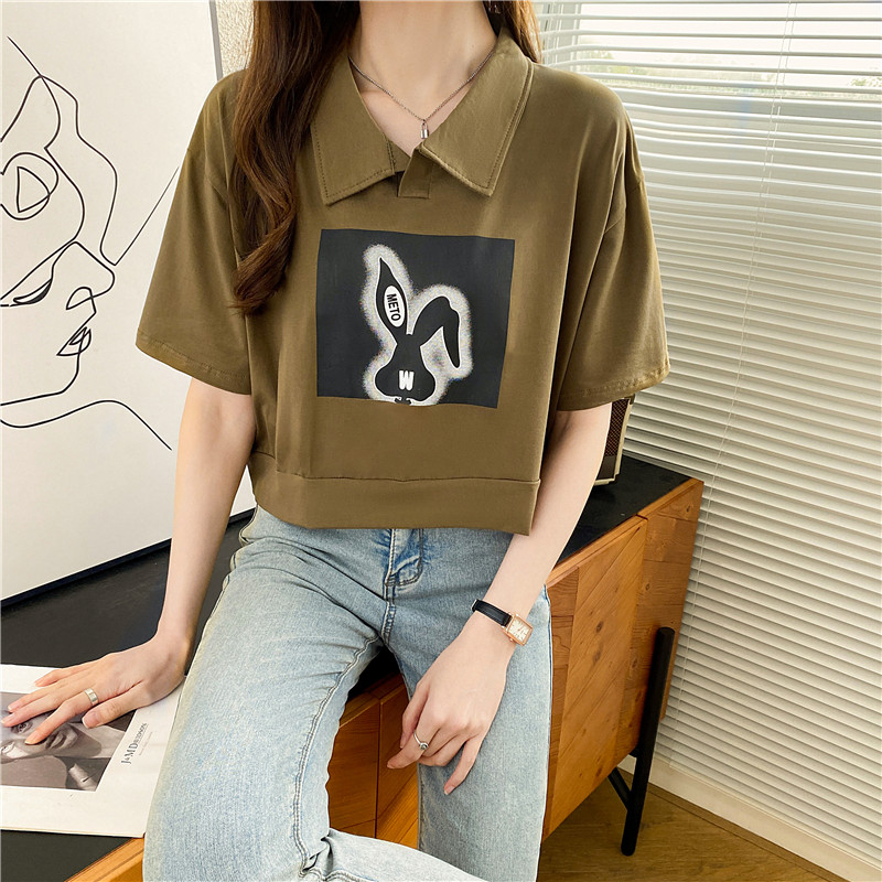 實拍 2024夏季韓版寬鬆純棉高彈後POLO領卡通印花短款短袖T恤女