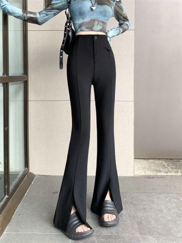 实拍  新款黑色休闲裤女装垂感高腰修身微喇叭长裤