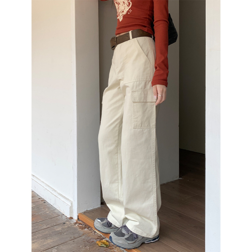 Real shot of overalls for women, American style multi-pocket 2024 new high-waisted wide-leg white loose straight casual pants
