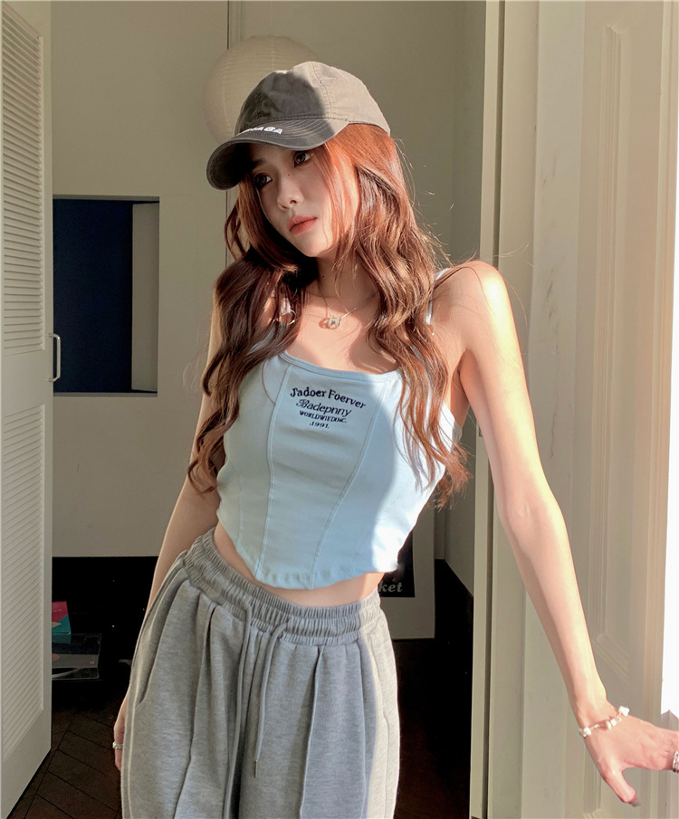 Pure cotton embroidered letters beautiful back ring camisole slimming outer wear short bottoming top