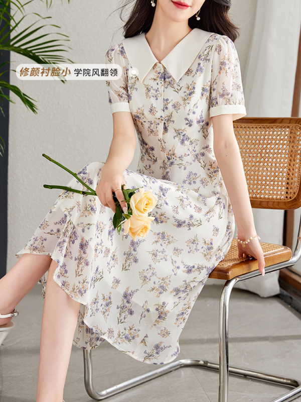 2024溫柔風翻領碎花連衣裙女夏季浪漫氣質收腰雪紡茶歇法式裙子