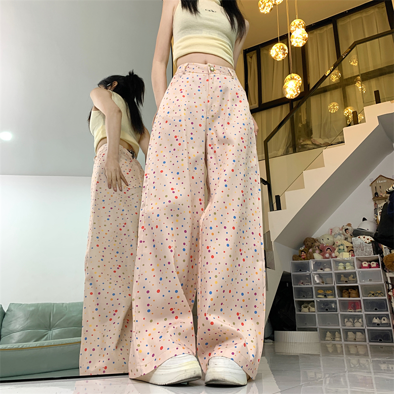 實拍#2024春夏新款波點寬鬆高腰顯瘦直筒闊腿褲女休閒拖地長褲潮