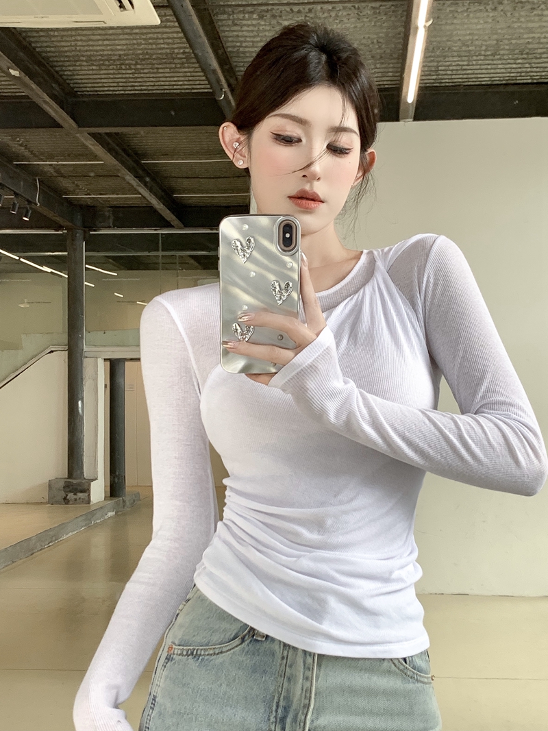 實拍春季新品個性辣妹風薄棉螺紋雙褶皺白色長袖T恤內搭上衣