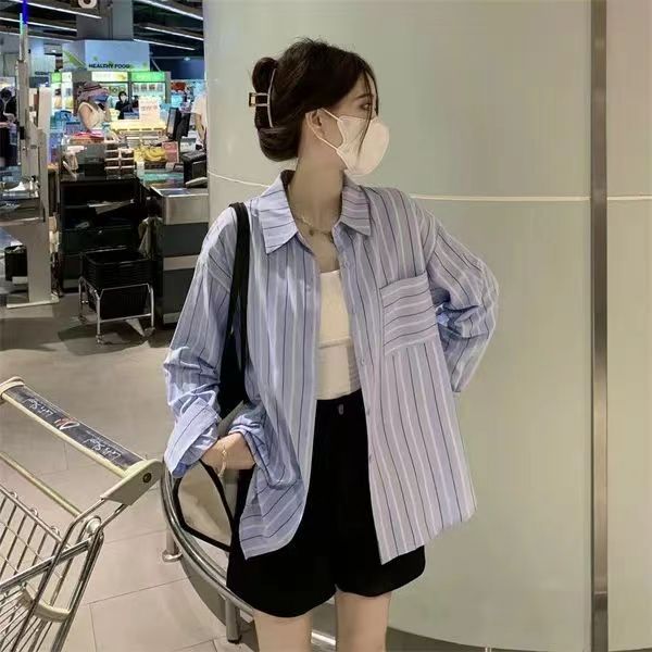 2024夏季新款條紋襯衫女設計感長袖上衣外穿百搭休閒襯衣