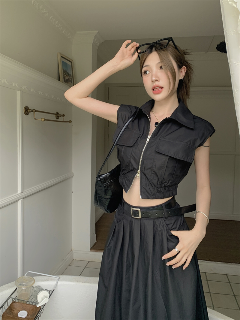 Real shot~French high-end suit sleeveless vest shirt summer high-waisted slim skirt