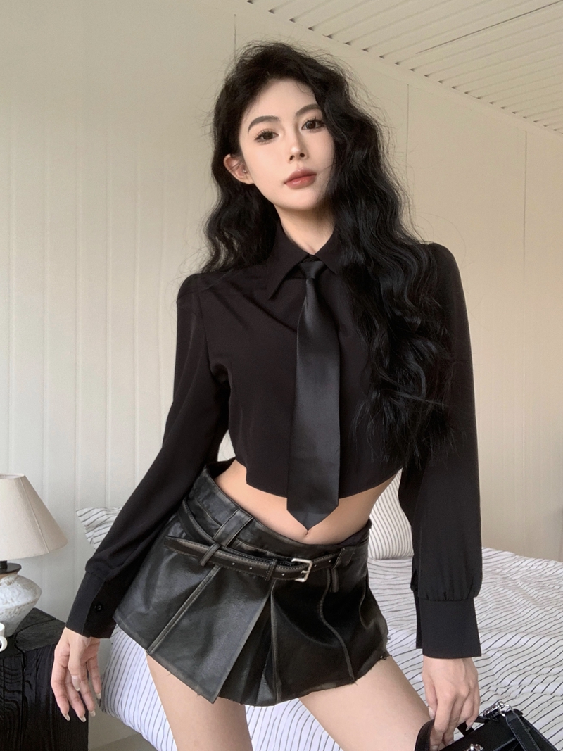 實拍學院風白色襯衫女收腰春款短款上衣免打領帶疊穿長袖襯衣