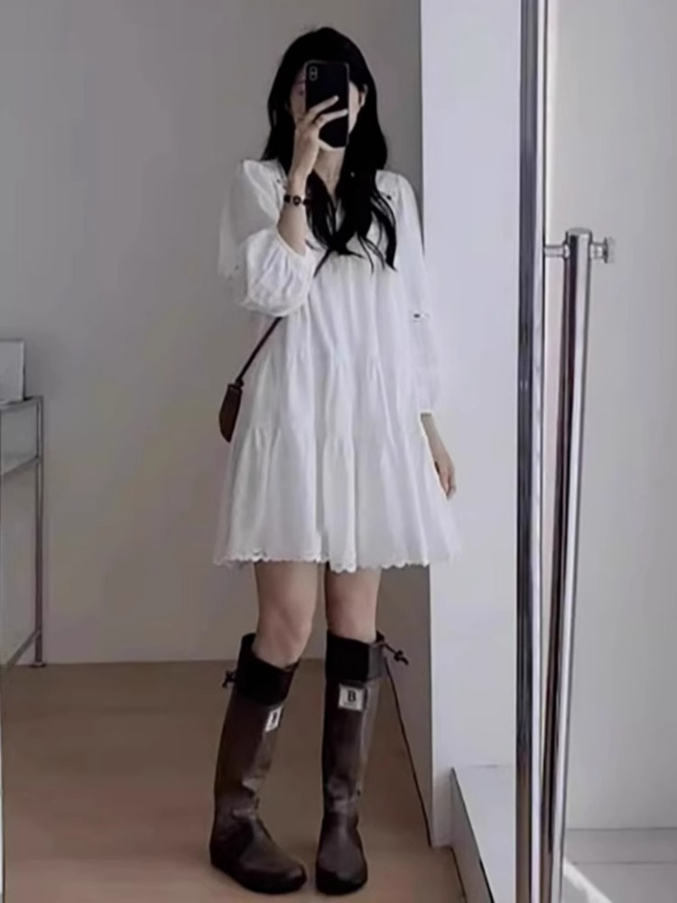 French white puff sleeve shirt dress for women 2024 new spring and summer long-sleeved Yunnan travel wear