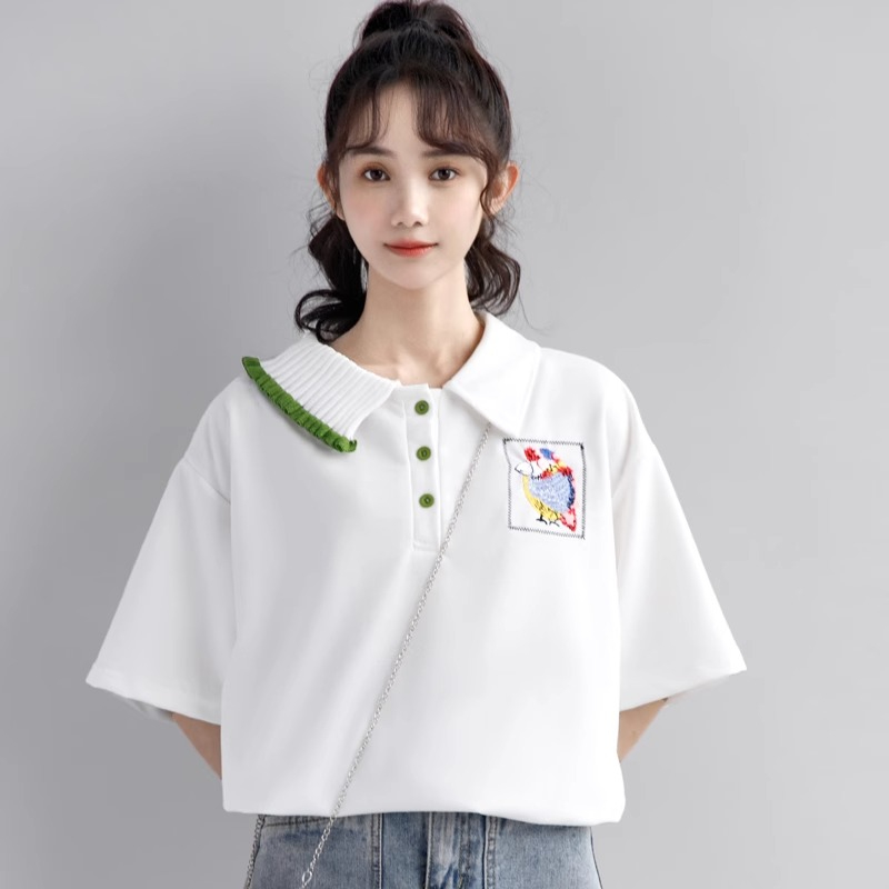 Original workmanship white polo shirt for women with color matching design 2024 summer new embroidered lapel short-sleeved T-shirt