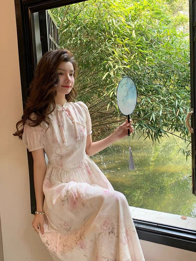 新中式國風高級感改良旗袍碎花雪紡連衣裙子女2024年夏季新款長裙