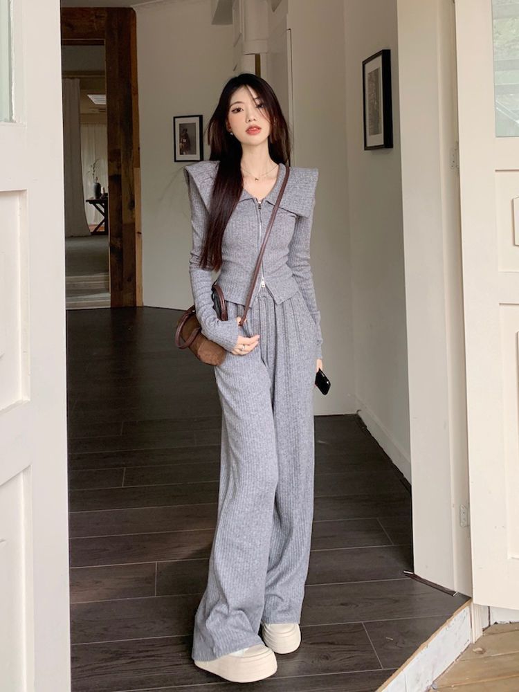 秋冬新款娃娃領時尚套裝女修身顯瘦翻領外套休閒闊腿褲兩
