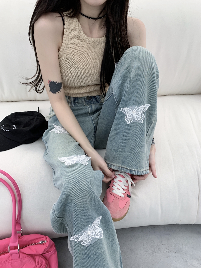 實拍#高腰牛仔長褲女腰頭毛邊設計感蝴蝶刺繡闊腳拖地褲子