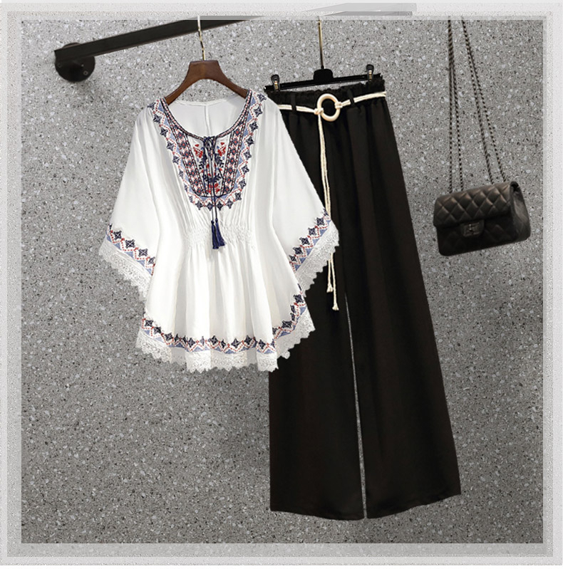 Original workmanship, plus size women's new summer short-sleeved tops, fat mm, fashionable, slimming, flesh-covering, micro-flared pants, two-piece set