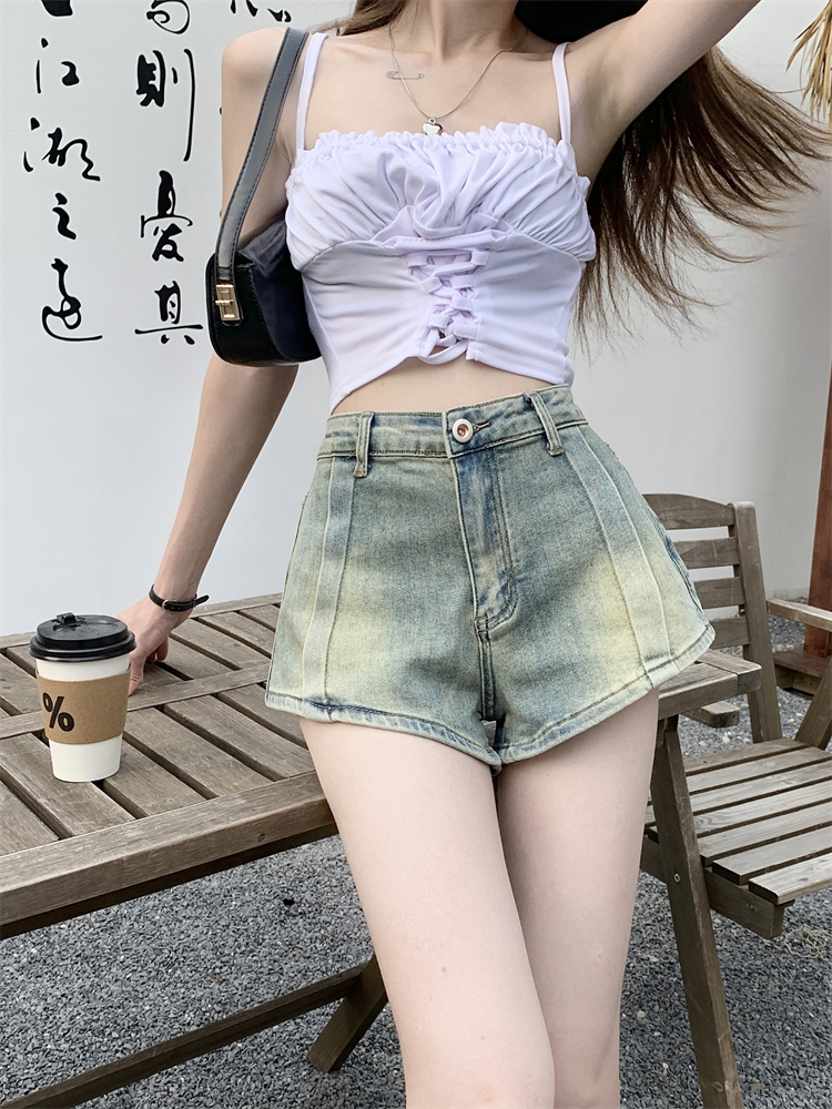 實拍 ~美式復古牛仔短褲女辣妹高腰A字直筒闊腿熱褲