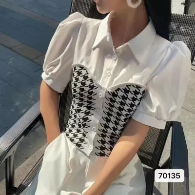 夏季新款韓版氣質polo領拼接千鳥格短袖開衫上衣