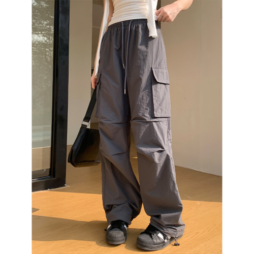 Real shot of pocket leggings overalls for women American high street elastic waist drawstring wide leg pants spring and summer new casual pants