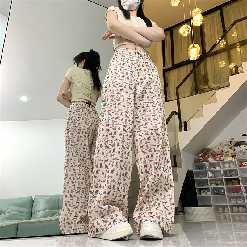 實拍#2024春夏新款卡通印花寬鬆高腰顯瘦直筒闊腿褲休閒拖地褲潮