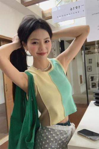 Actual shot of early spring style contrasting color short patchwork knitted vest vest top