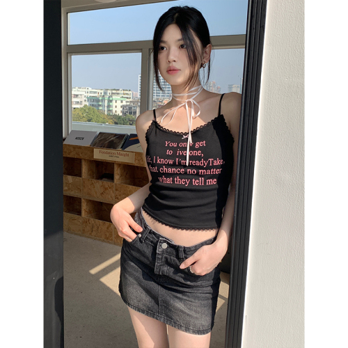 Real shot of letter printed suspender women's lace bow sweet and spicy style bottoming top for summer