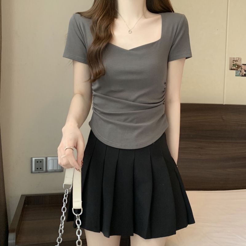實拍  40支純棉 2024夏裝褶皺修身桃心領短袖T恤女鎖骨