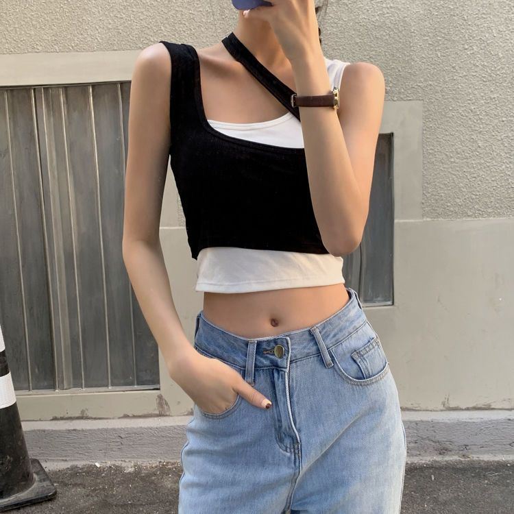 吊帶設計感小眾外穿內搭打底上衣女夏短款假兩件網紅法式小背心潮