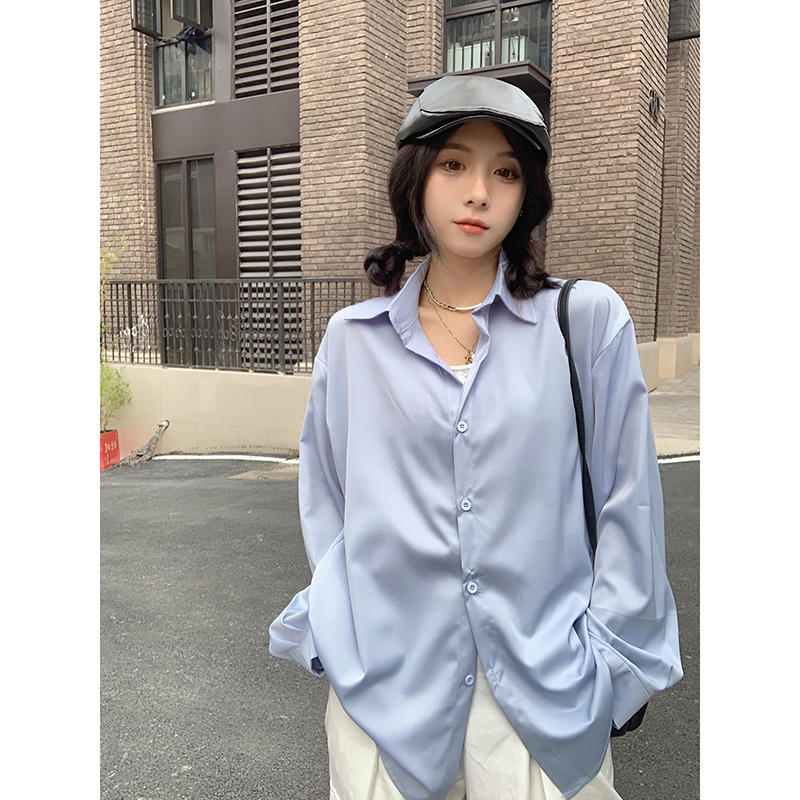 實拍  polo領長袖襯衫女設計感寬鬆顯瘦防曬開衫上衣