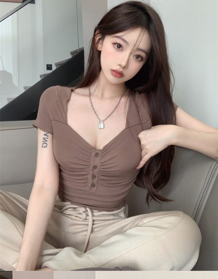 Summer new design pleated V-neck short-sleeved T-shirt for women summer Korean version sexy collarbone-exposed right-shoulder short top