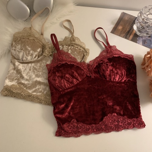 Real shot of sexy velvet lace camisole autumn and winter pure desire with breast pads sleeveless bottoming top with beautiful back