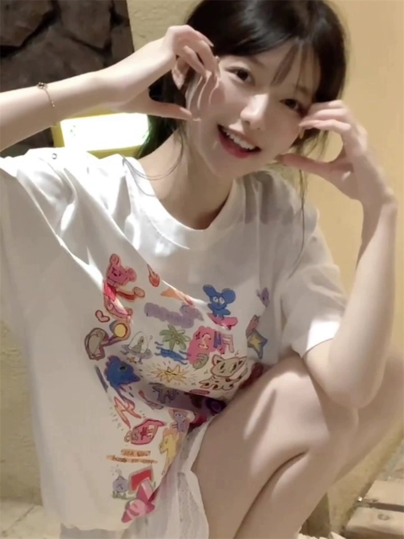 230克純棉包領高品質天貓質量2024初夏短袖純棉印花T恤女