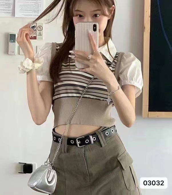 2024夏季新款韓版時尚襯衣領拼接馬甲假兩件短袖上衣女