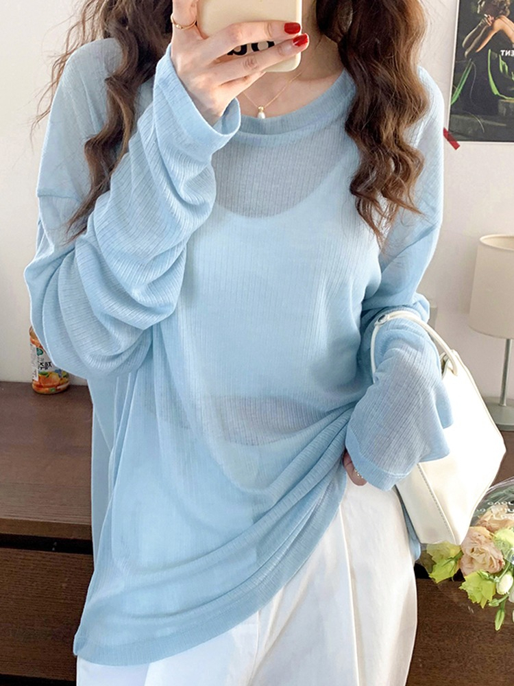 天貓質量長袖薄款套頭防曬服針織衫女裝夏季寬鬆T恤冰絲上衣