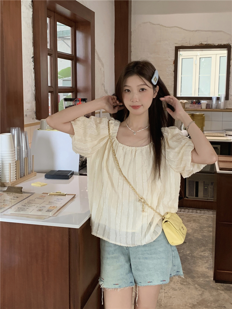 實拍！甜氧少女法式溫柔風方領泡泡袖襯衫寬鬆設計感小眾上衣