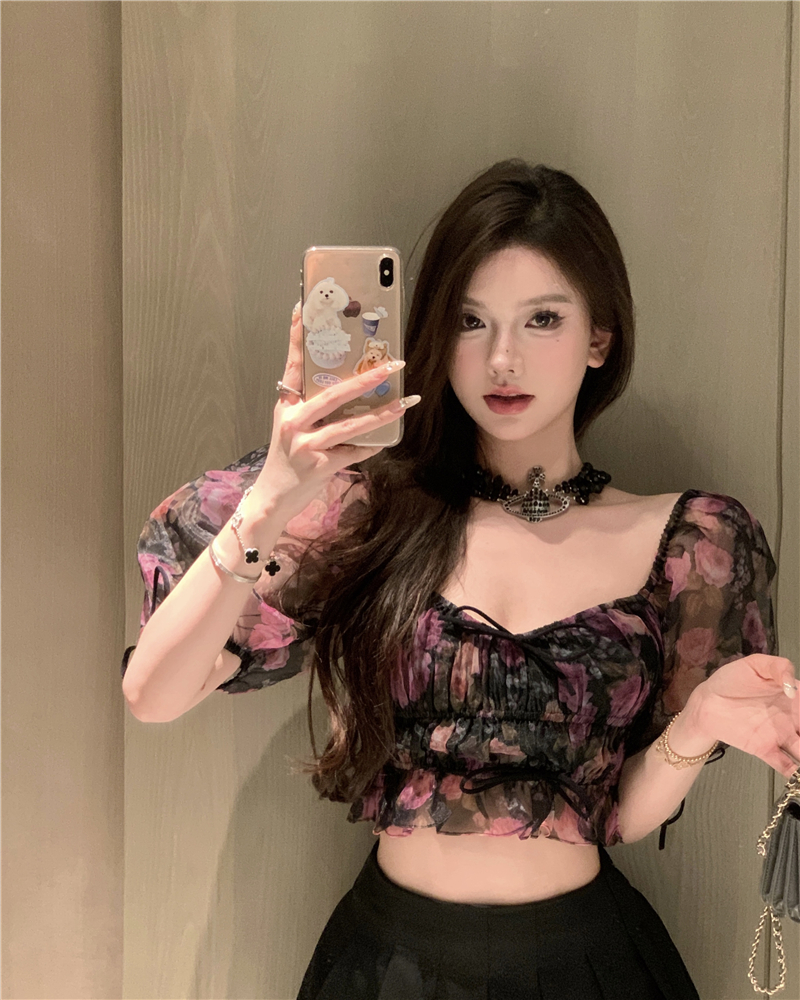 Real shot~Sweet purple floral puff sleeve top