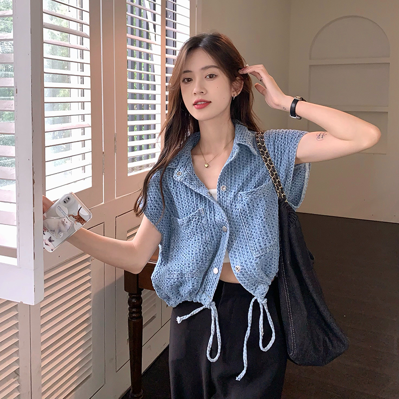 洗水牛仔新款 藍色牛仔馬甲女夏季復古翻領寬鬆外穿背心