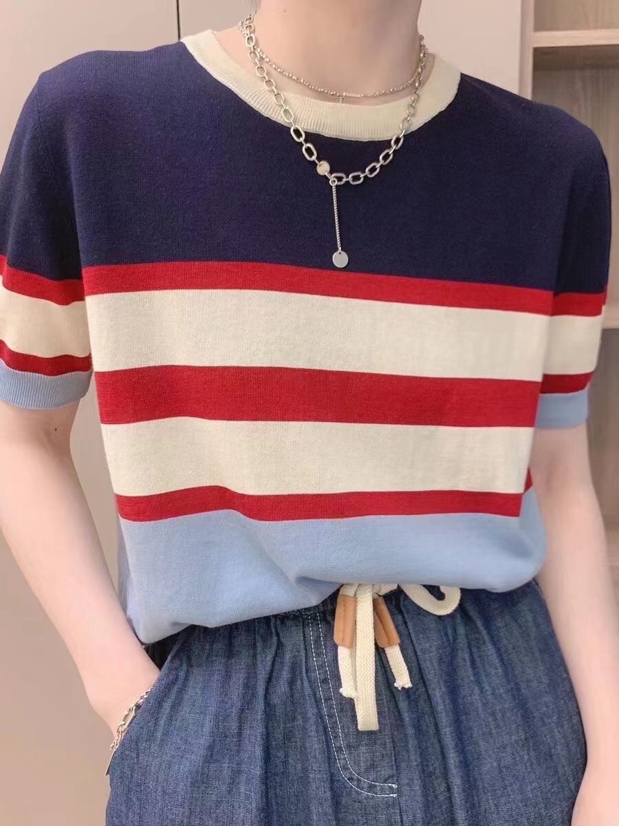 Colorful Striped Ice Silk Sweater Women's European Summer Wear 2024 New European Style Women's Clothing Fashionable Tops