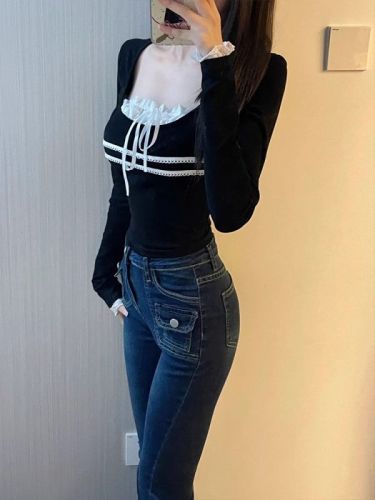 Pure Cotton Combed 1*1 Heavy Work Original Quality V-Neck Lace Long Sleeve Women's Sweet & Spicy Short-Sleeve Top