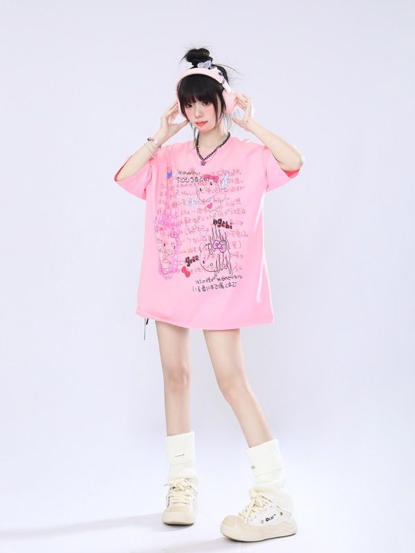 韓系卡通可愛白色短袖t恤女夏2024新款oversize純棉設計感上衣ins
