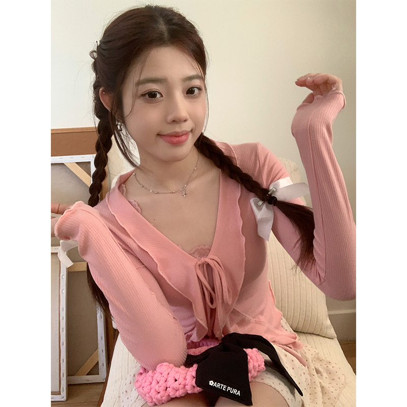 Real shot of Korean style lace lace pure lust style sweet ins T-shirt cardigan women's early spring long-sleeved sun protection jacket
