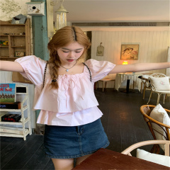 韓系一字肩吊帶泡泡袖娃娃衫女夏季別致方領短袖上衣寬鬆大碼襯衣