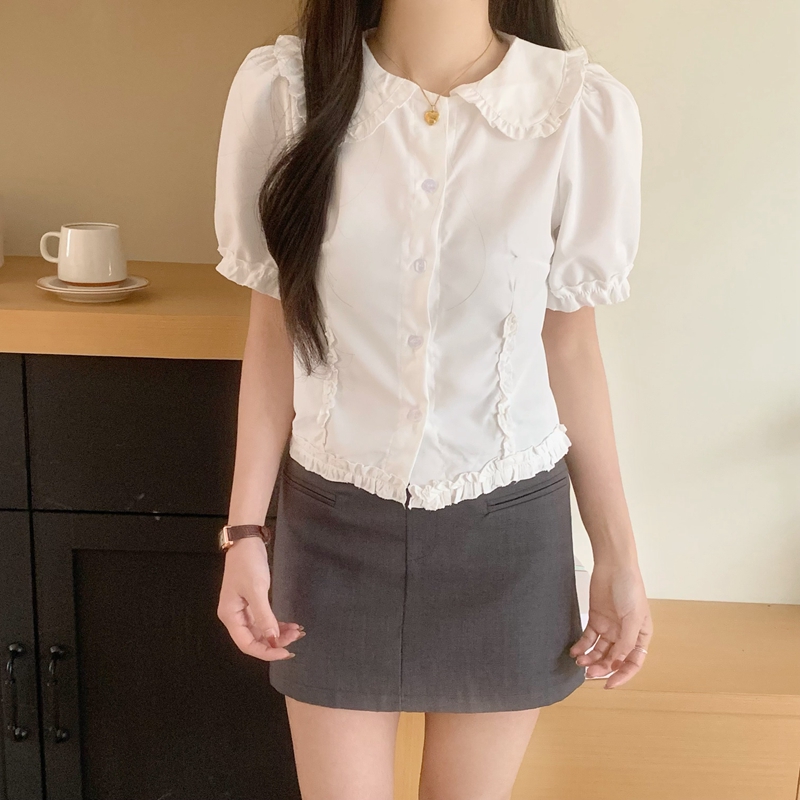 實拍 白色短袖娃娃領襯衫女夏季新款泡泡袖法式襯衣修身短款上衣