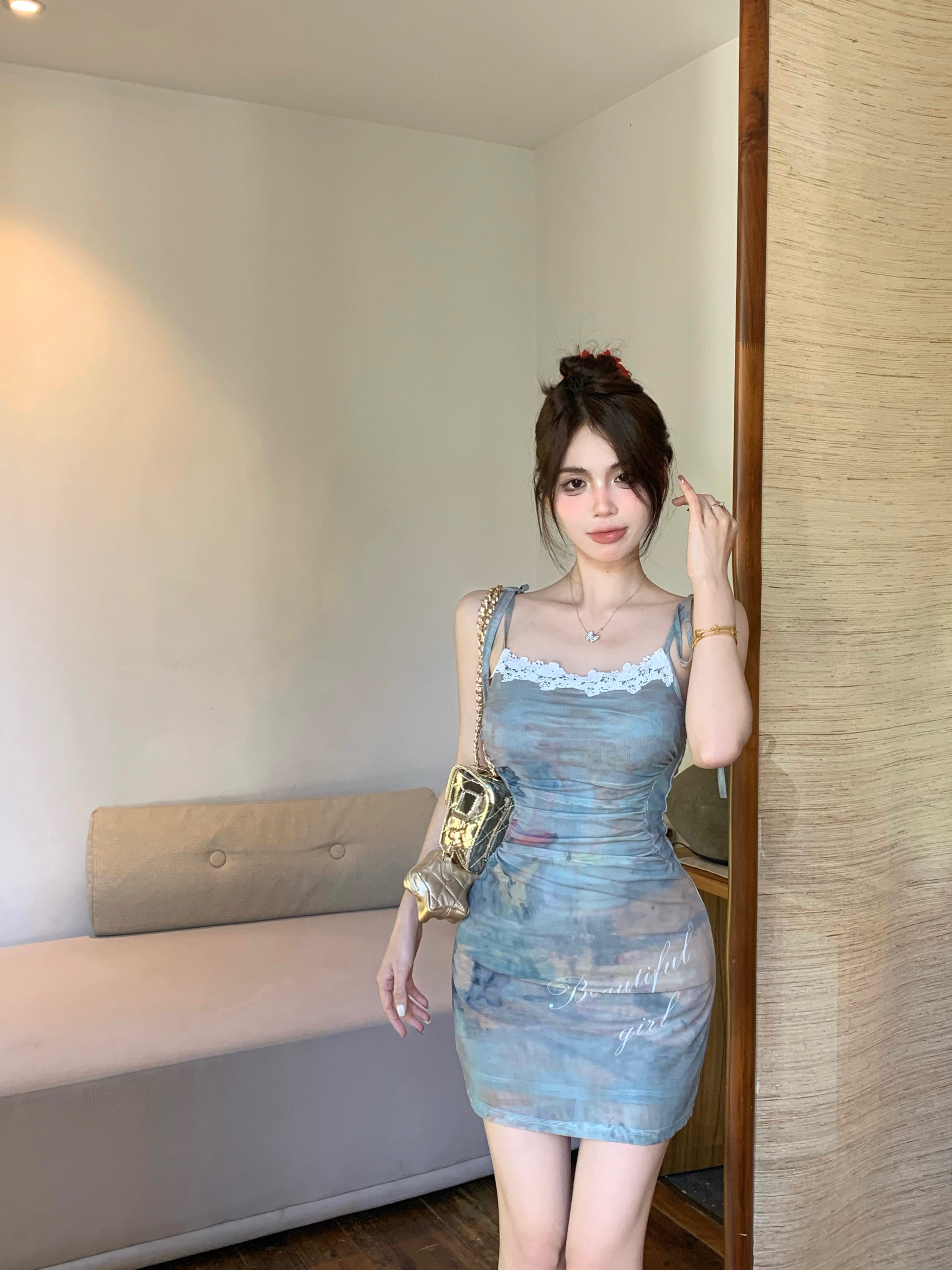 Real shot!  Temperament oil painting style printed suspender skirt vacation slim dress