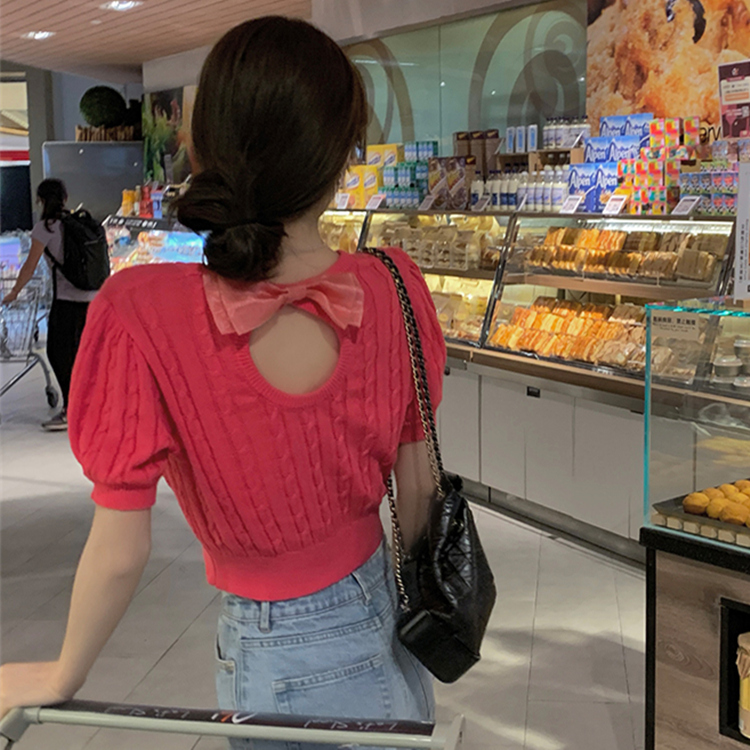 天貓質量針織短袖女t恤夏修身薄款設計感小眾甜辣鏤空蝴蝶結