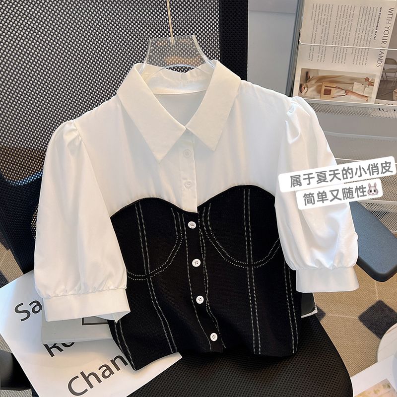 天貓質量夏季polo領短款襯衫女修身假兩件燈籠袖短袖高腰上衣