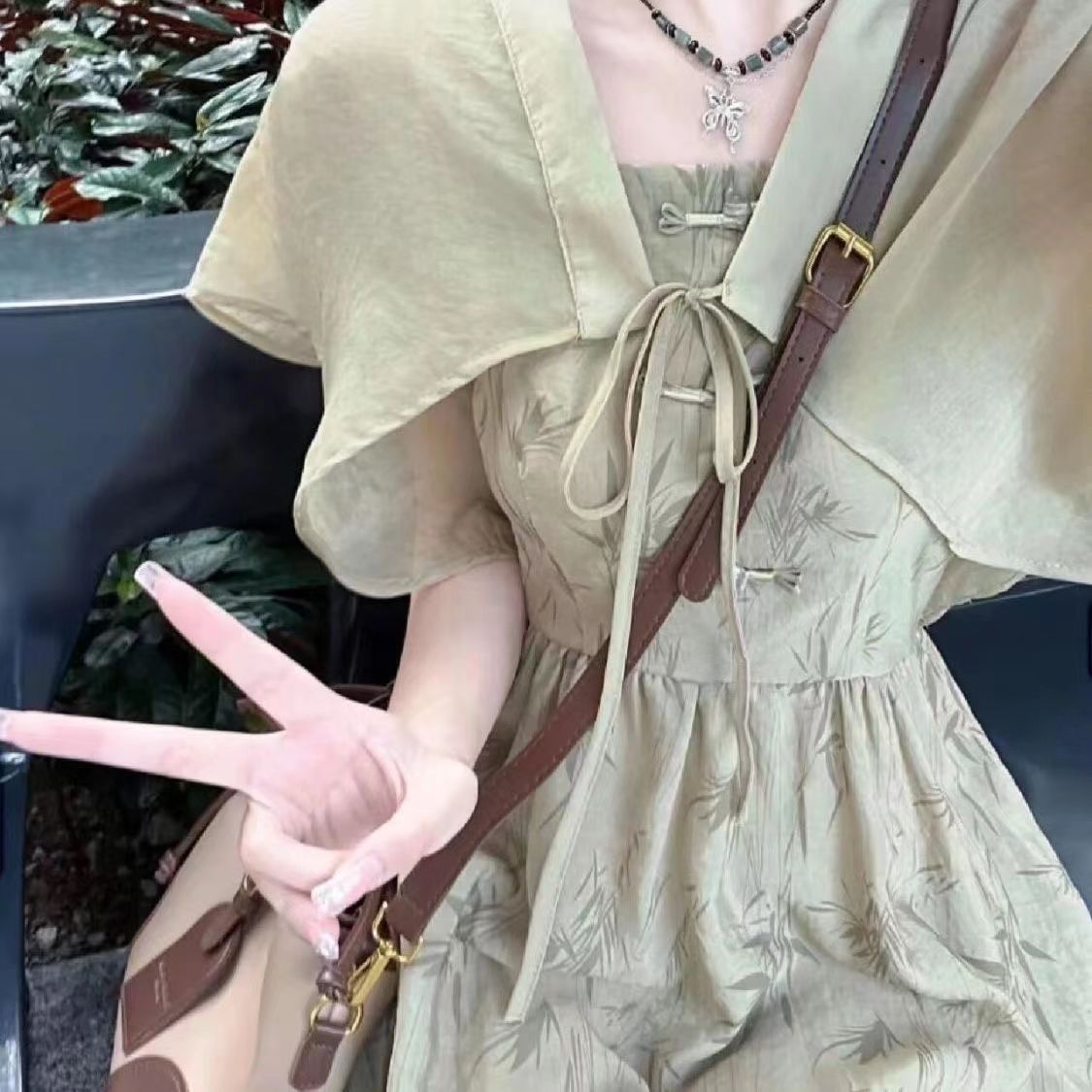 新中式輕國風清新復古吊帶連衣裙小眾罩衫兩件套收腰顯瘦氣質套裝